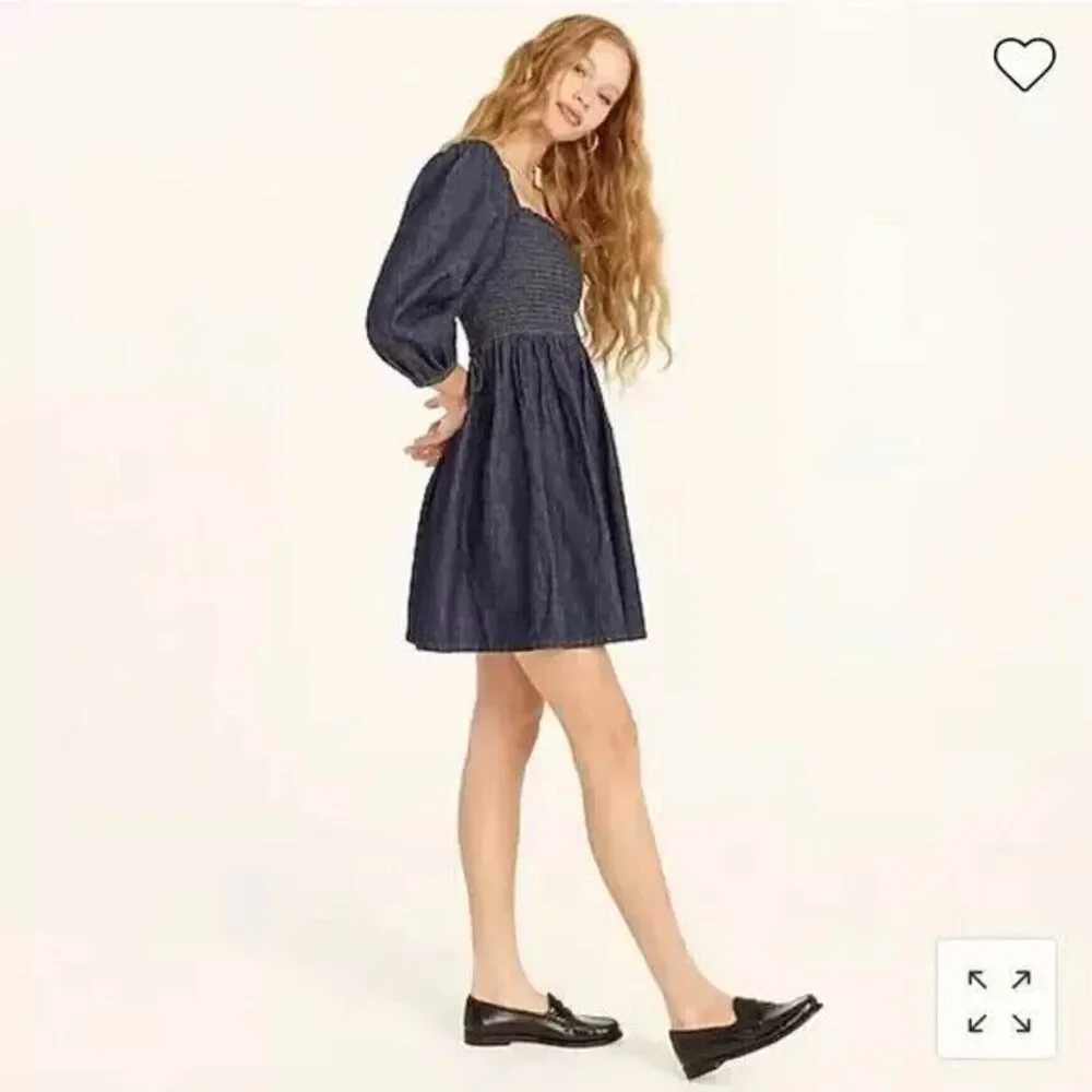 J. Crew XXS Smocked Puff Sleeve Mini Dress In Chambray Blue 100% Cotton NWT